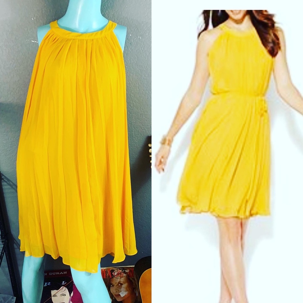 NY and Co. BRIGHT Yellow Pleated Swing MOD Halter dress LAYERED
